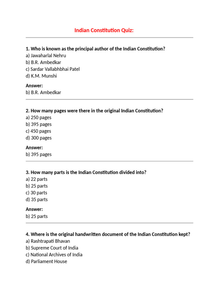 Indian Constitution Quiz Questions | PDF | Political Charters | Government
