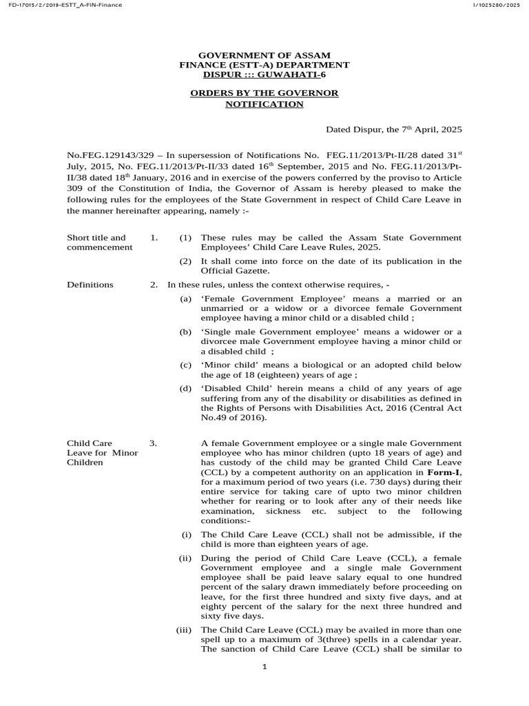 Assam Child Care Leave Rules 2025 | PDF | Salary | Disability