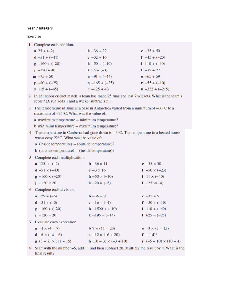 Year 7 Integers Q&A | PDF