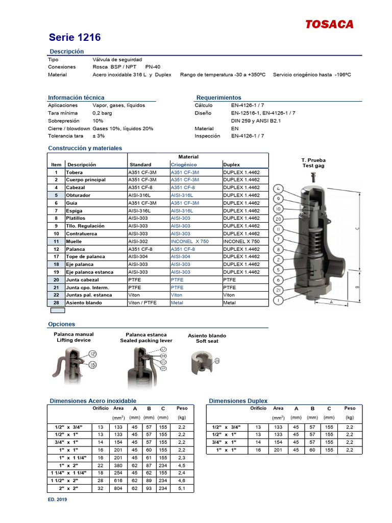 Válvula de Seguridad TOSACA Serie 1216 | PDF | Gases | Ingeniería mecánica