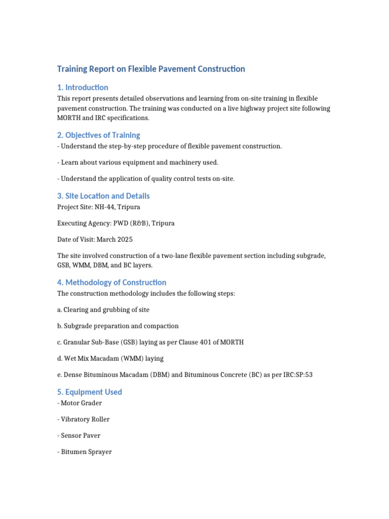Flexible Pavement Construction Training Report | PDF