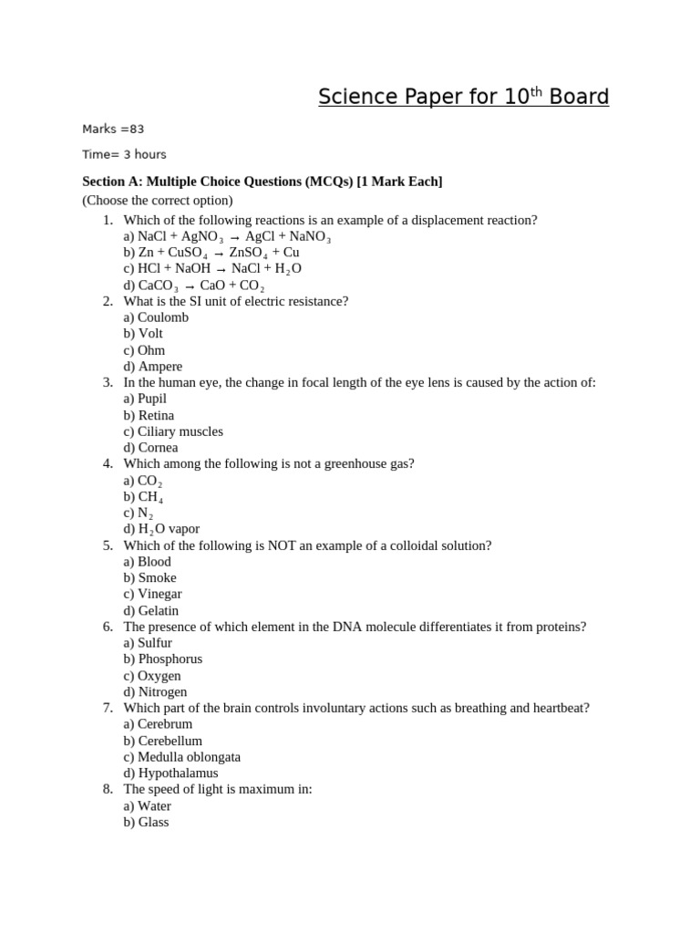 Science Paper for 10th Board Exam | PDF | Redox | Ozone