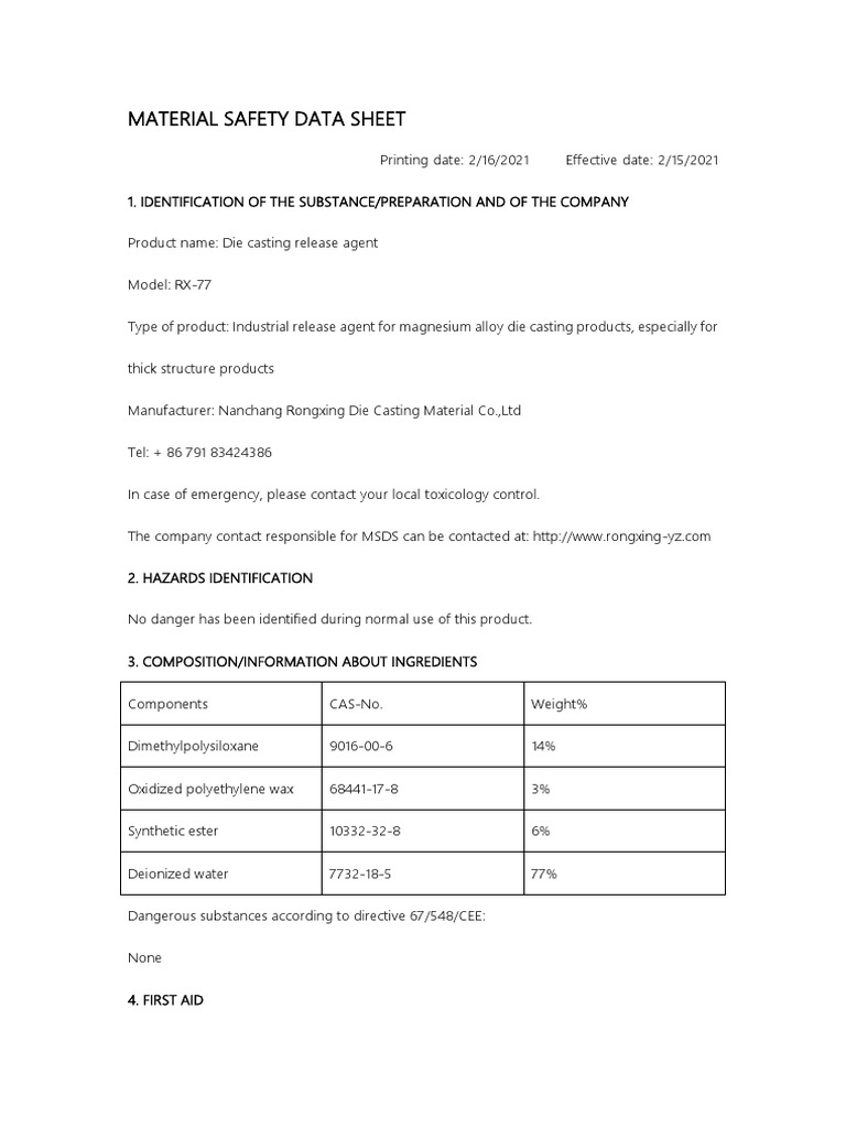Die Casting Release Agent MSDS RX-77 | PDF | Water | Soil
