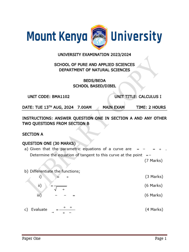 Calculus I Exam Paper 2023/2024 | PDF | Derivative | Mathematics