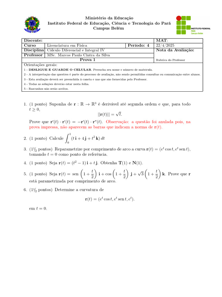 Prova de Cálculo IV - UFRJ 2025 | PDF