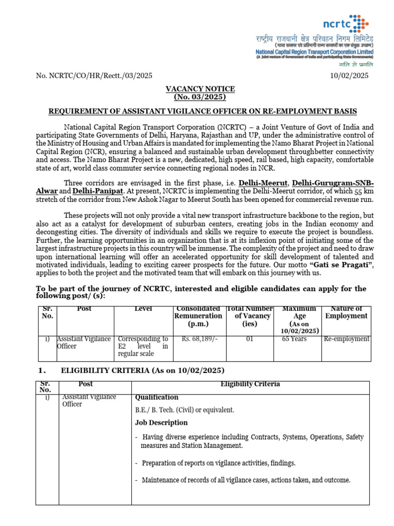 Vacancy Notice (No. 03/2025) Requirement of Assistant Vigilance Officer ...