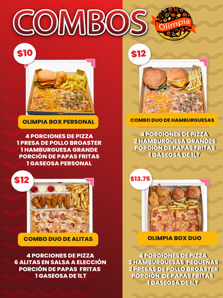 Menú Combo de Pizza y Hamburguesas | PDF | Alimentos | Comida rápida