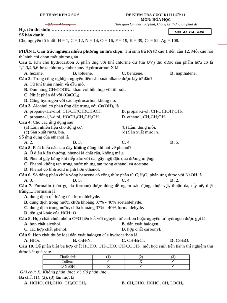 ĐỀ 6 - KIỂM TRA CUỐI HỌC KÌ 2 MÔN HÓA HỌC 11 (FORM TT-7791) | PDF