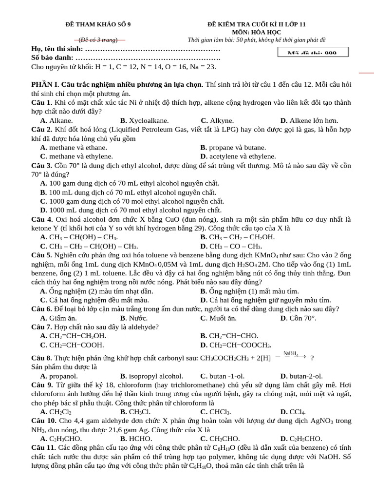 ĐỀ 9 - KIỂM TRA CUỐI HỌC KÌ 2 MÔN HÓA HỌC 11 (FORM TT-7791) | PDF
