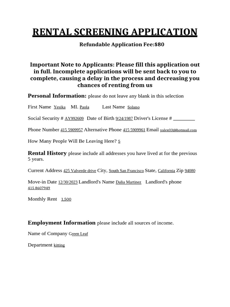 One Form Rental Application Submission | PDF | Landlord