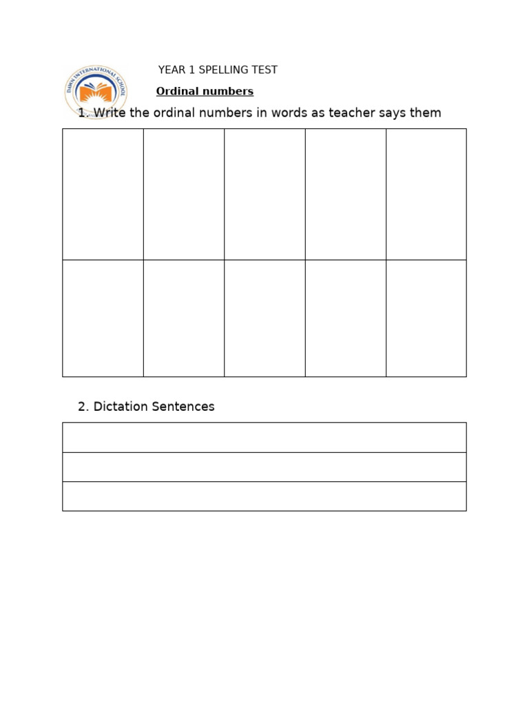YEAR 1 SPELLING TEST - Ordinal Numbers | PDF