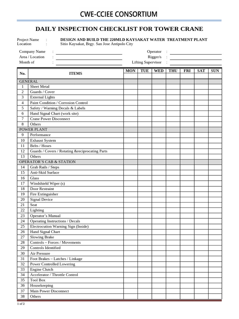 Daily Inspection Checklist For Tower Crane | PDF | Crane (Machine ...