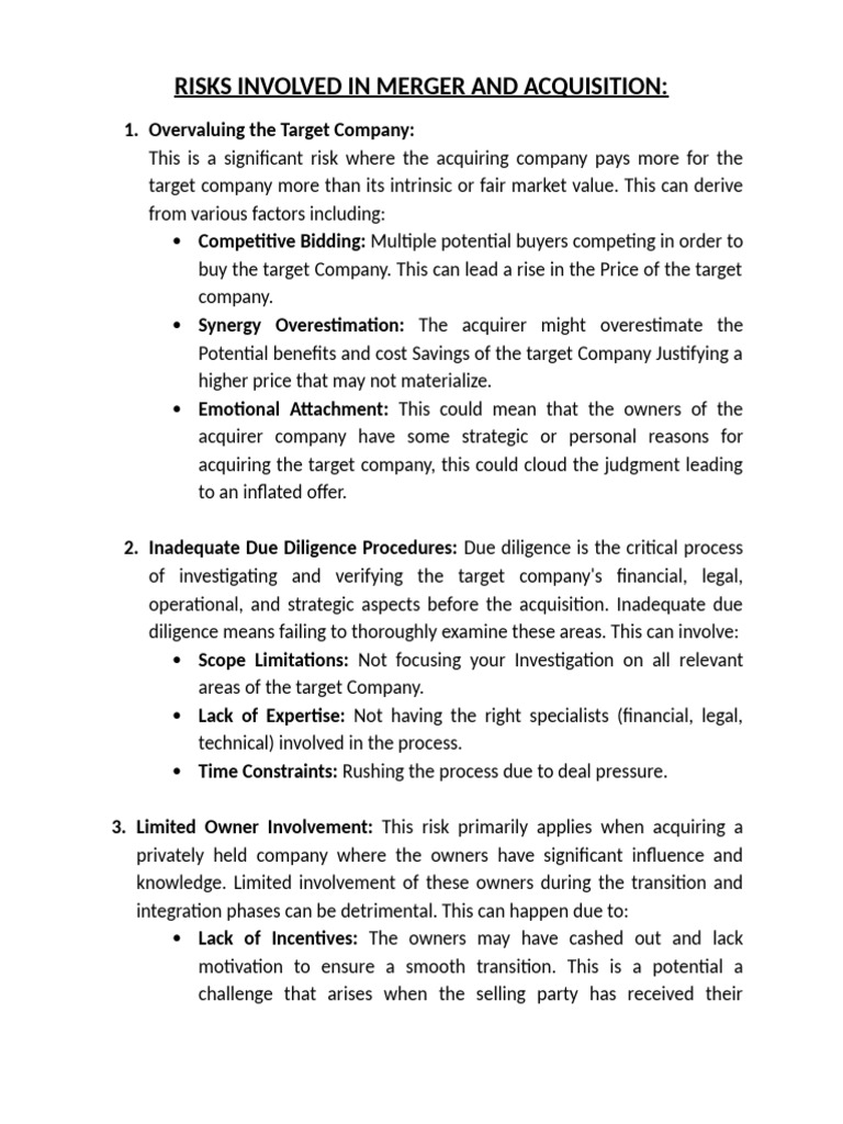Risks Involved In Merger And Acquisition Pdf Mergers And