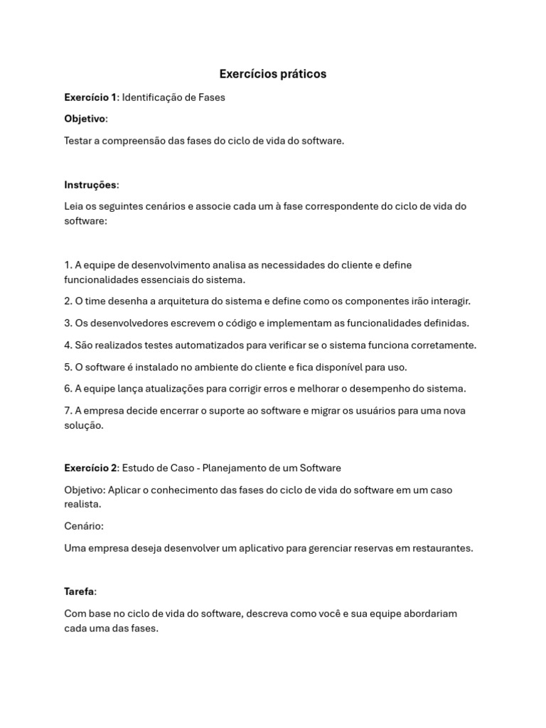 7 - Ciclo - de - Vida - de - Softeware - Exercicios | PDF