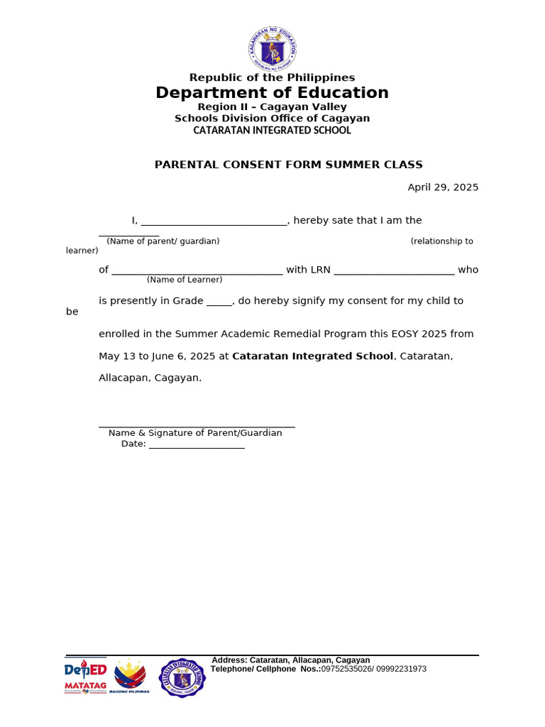 Summer Class Consent Form - Allacapan | PDF