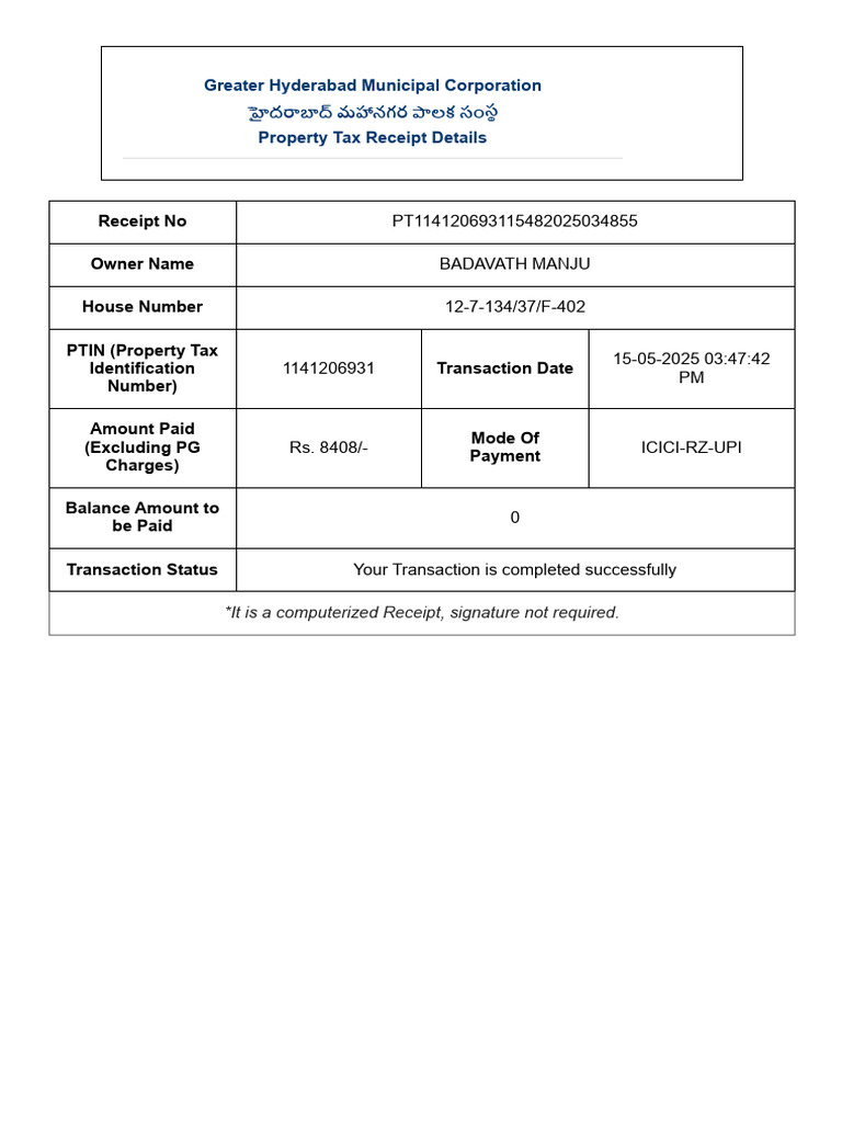 GHMC ONLINE RECEIPT - 402 - Property - Tax - 2025 | PDF