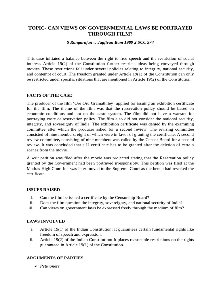 Rangarajan v. Jagjivan Ram Case Summary | PDF | Freedom Of Speech ...