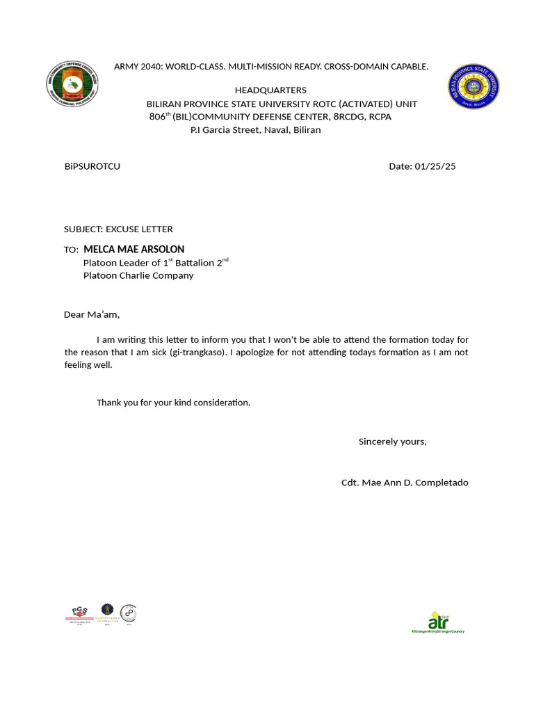 ROTC Absence Excuse Letter | PDF