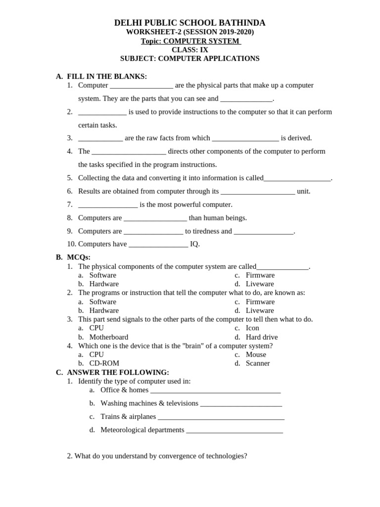 9 Worksheet 2 Computer System Pdf