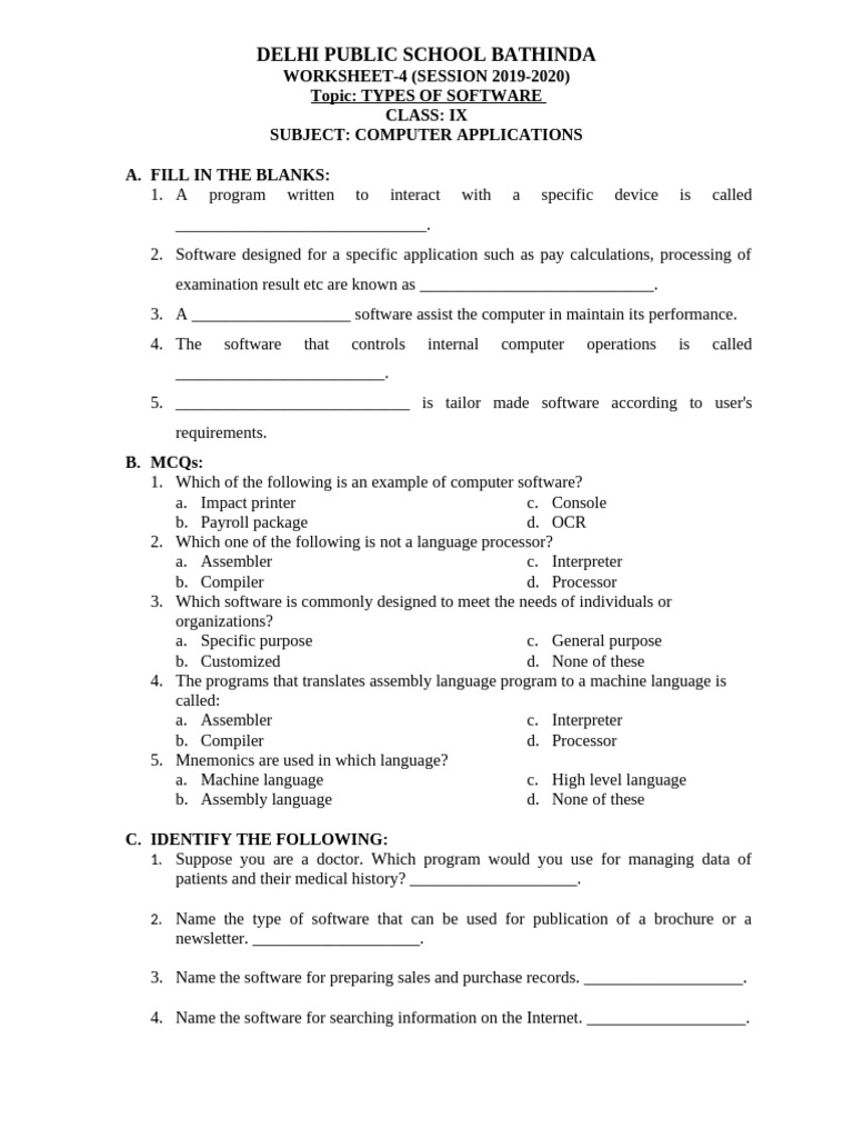 Types Of Software Worksheet For Class Ix Pdf