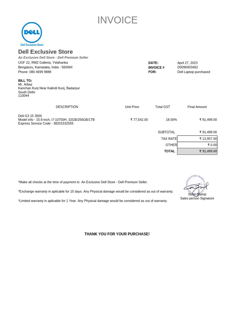 Dell Laptop Invoice - April 2023 | PDF