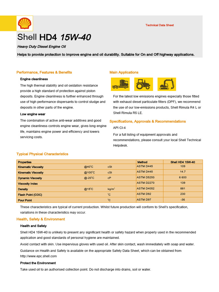 Shell HD4 15W-40 Technical Data Sheet | PDF | Mechanical Engineering ...