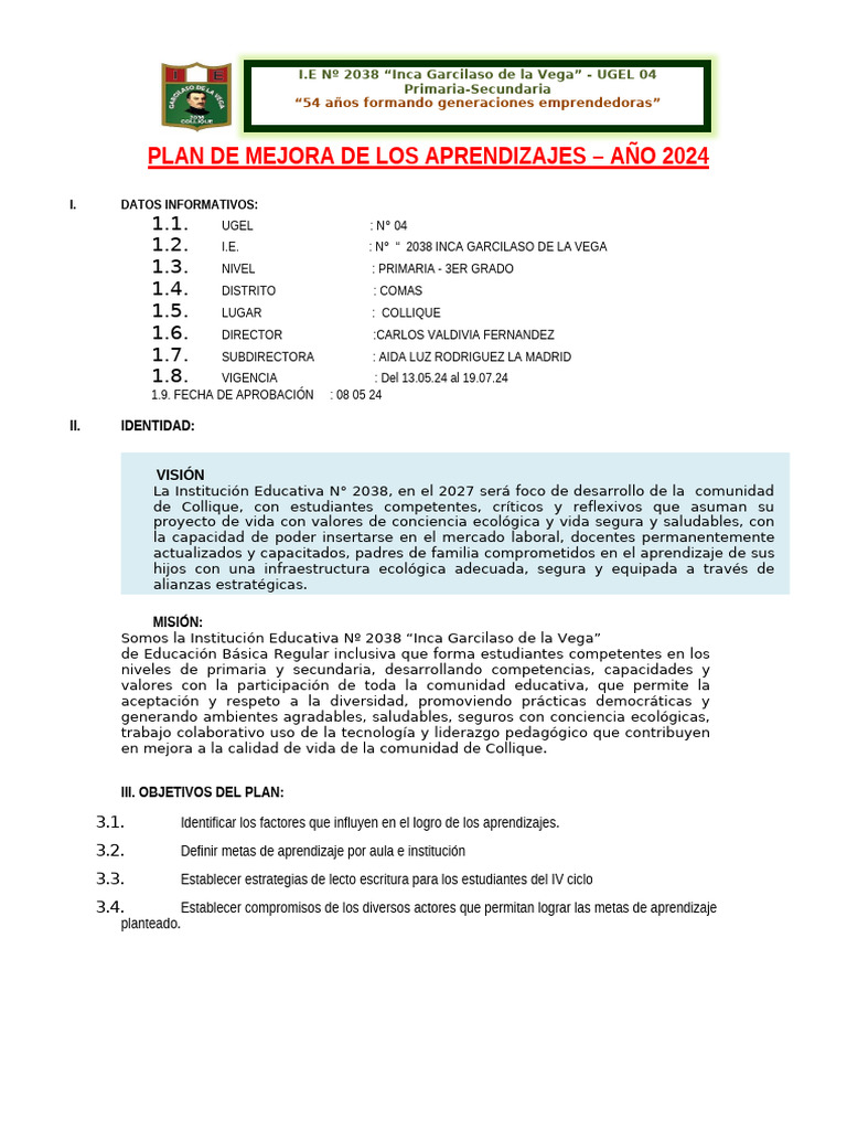 Plan de Mejora Aprendizajes 2024 | PDF | Salón de clases | Aprendizaje