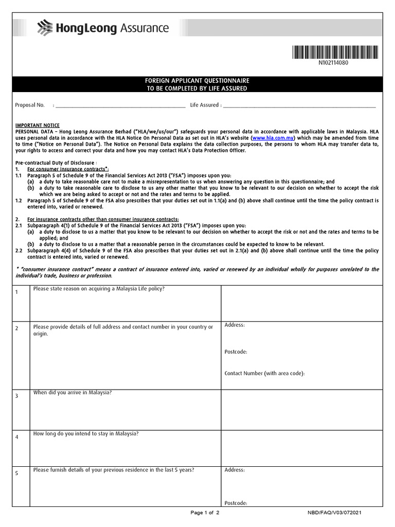 Foreign Applicant Life Insurance Form | PDF | Insurance | Duty Of Care
