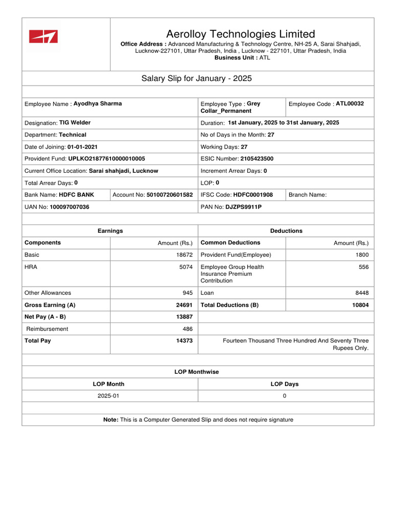 January 2025 Salary Slip for Ayodhya Sharma | PDF | Personal Finance ...