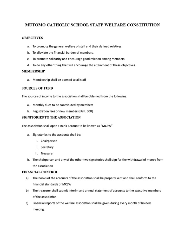 Mutomo Catholic School Welfare Constitution | PDF