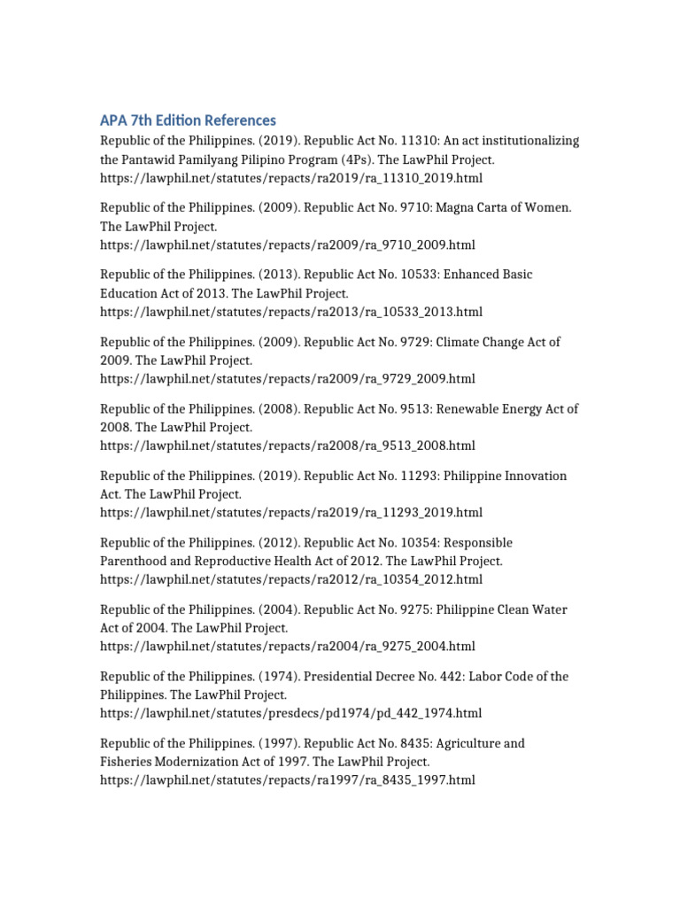 APA 7 References for Philippine Laws | PDF | Poverty | Poverty ...