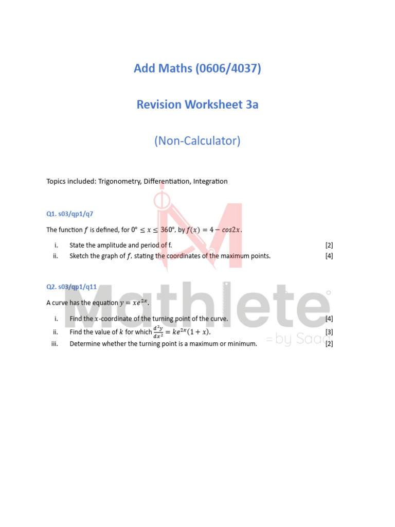 Non-Calculator Add Maths Revision | PDF | Differential Geometry ...