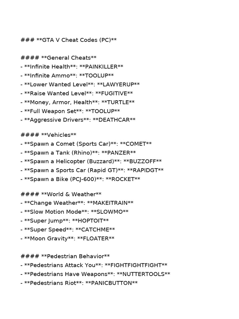 GTA V Cheat Codes Overview | PDF