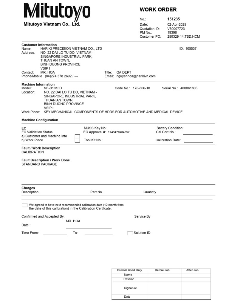 Calibration Work Order for Hariki Precision | PDF