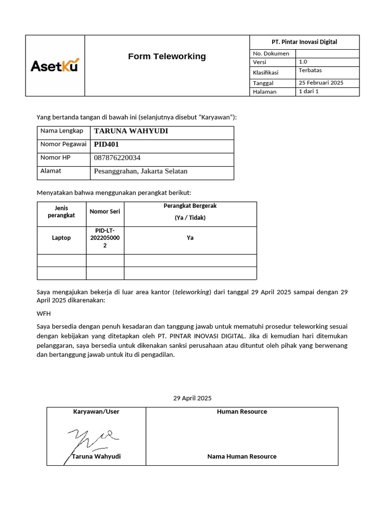 Formulir Teleworking Karyawan 2025 | PDF
