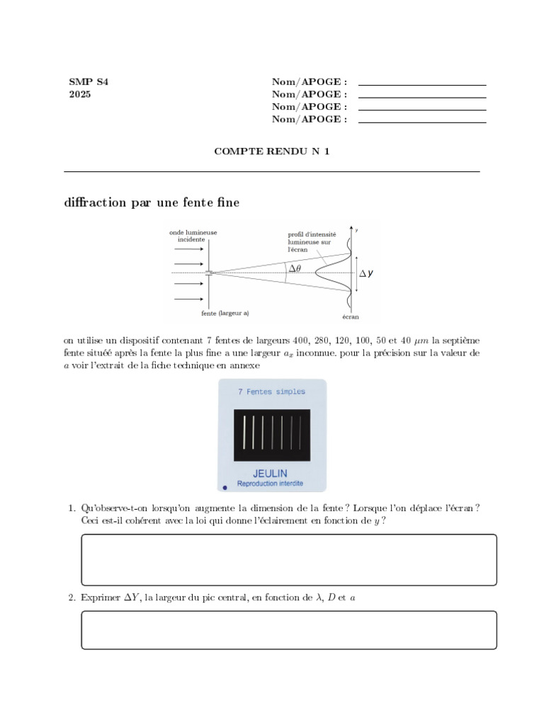 Étude de la diffraction par fentes et réseau | PDF