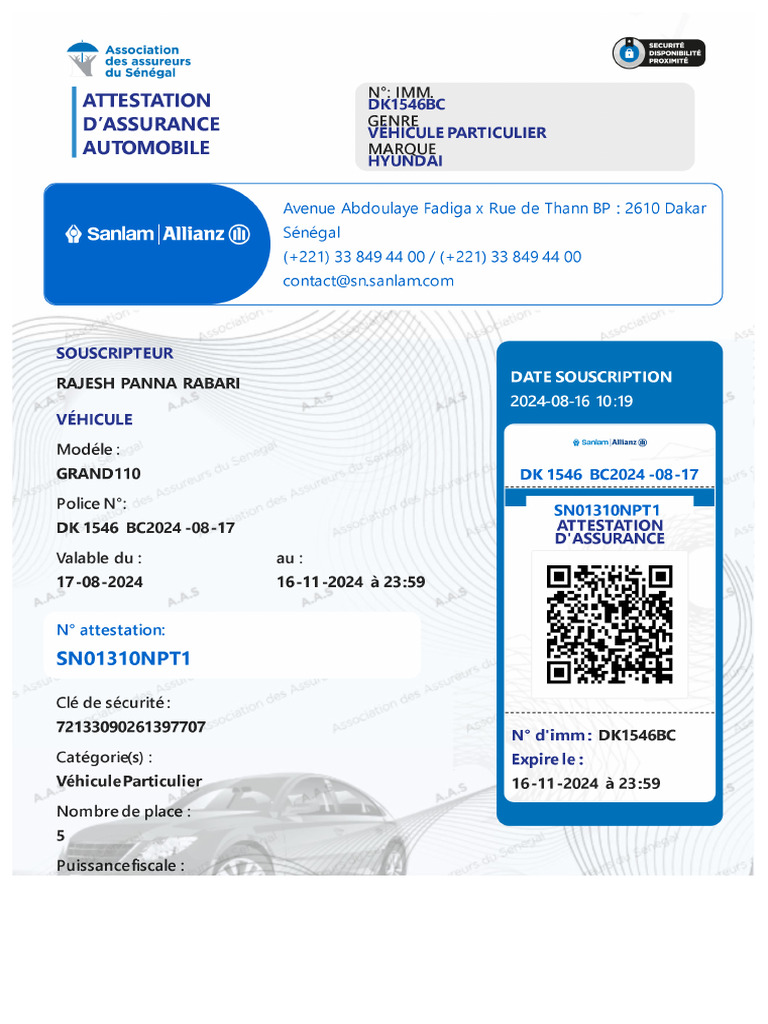 Attestation AutomobileSN01310NPT1 | PDF