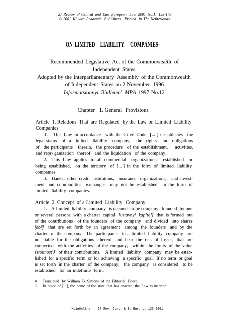 CIS Model Law on Limited Liability Companies | PDF | Limited Liability ...