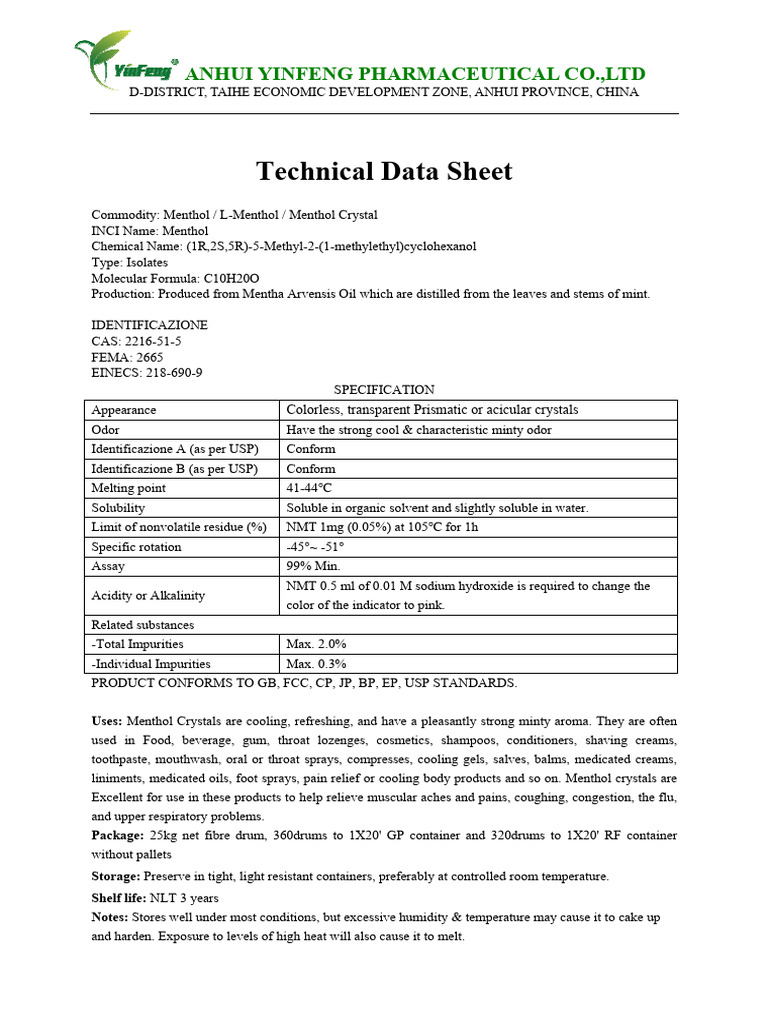 Menthol Crystals Technical Data Sheet | PDF