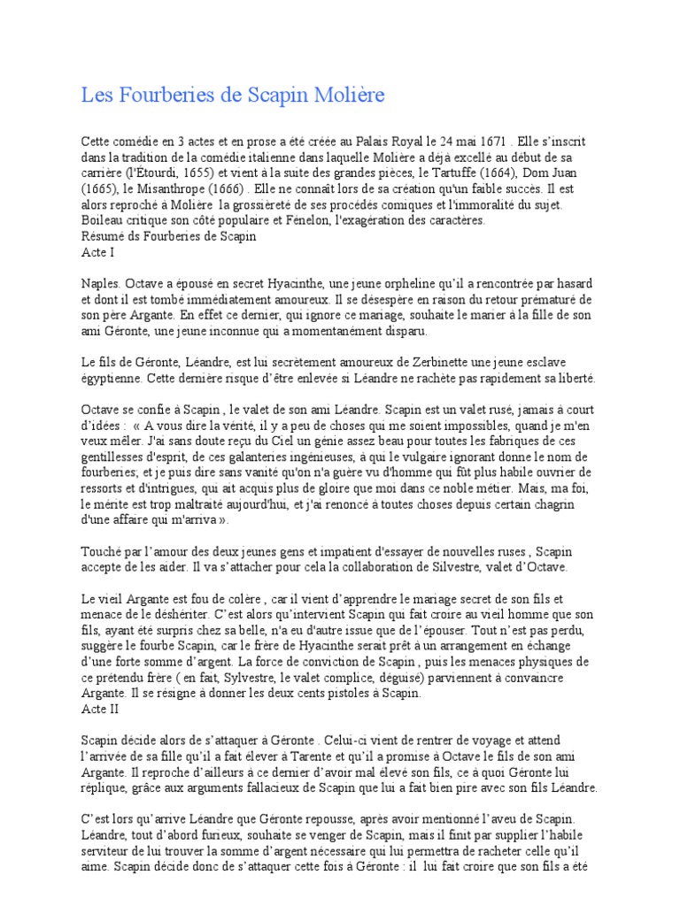 Résumé De L'acte 1 Des Fourberies De Scapin