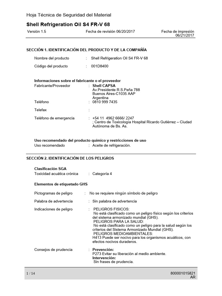 MSDS - Aceite Shell Refrigeration Oil S4 FR-V 68 | PDF | Residuos | Guante