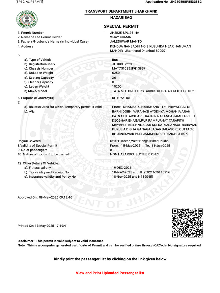 JH10BQ7223 Permit Upto 11 Jun 25 | PDF | Transport | Vehicles
