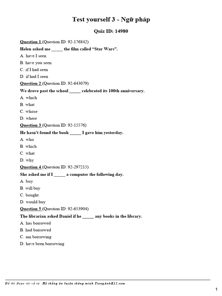 Quiz 14980 Test Yourself 3 Ngu Phap | PDF