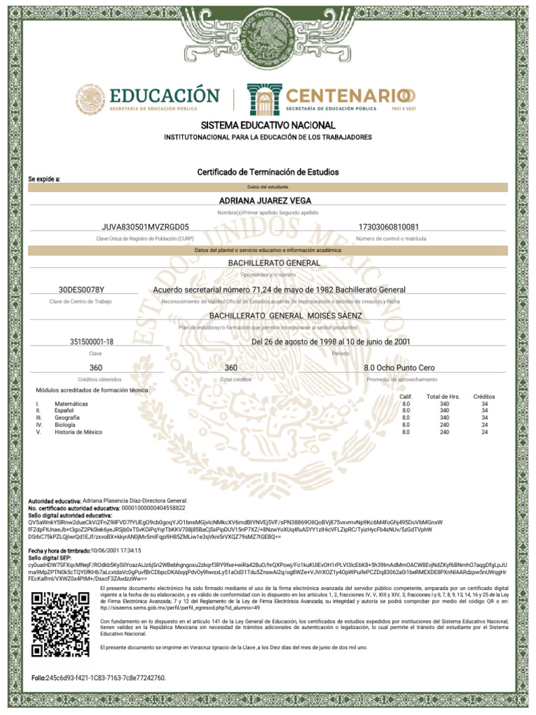 Certificado de Bachillerato General | PDF