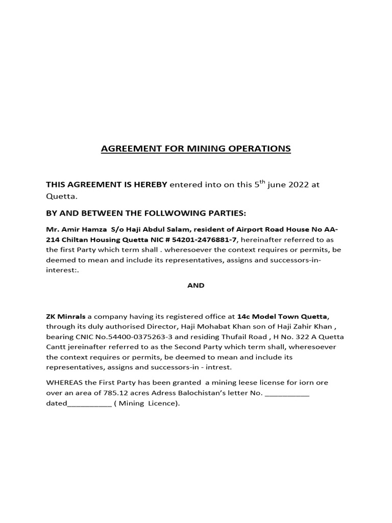 Mining Operations Agreement Details | PDF | Mining | Expense