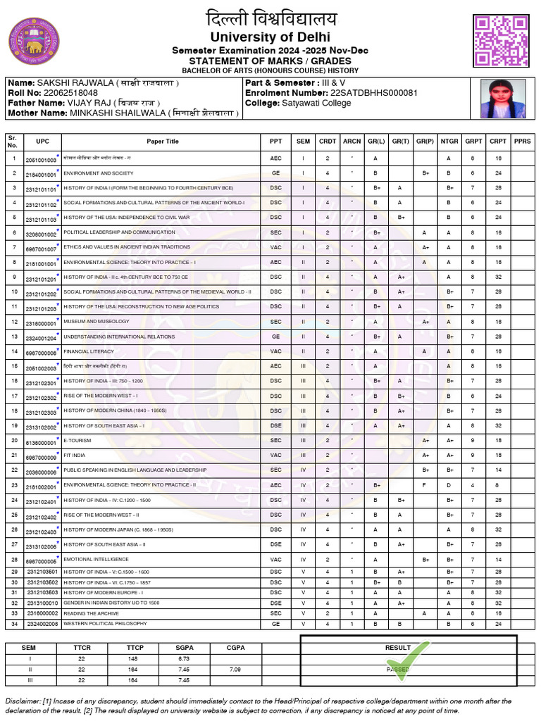 University of Delhi: Semester Examination 2024 - 2025 Nov-Dec Statement ...