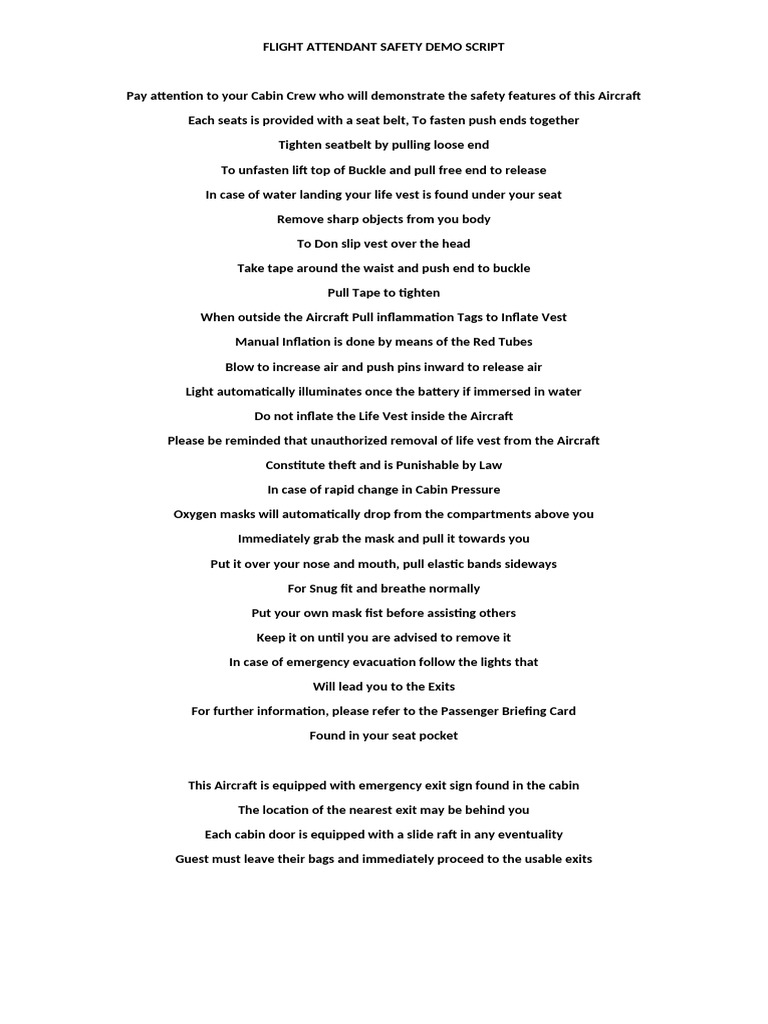 Flight Attendant Safety Demo Script | PDF
