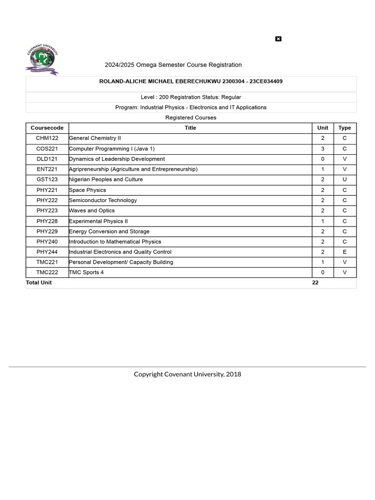 2024/2025 Course Registration Details | PDF