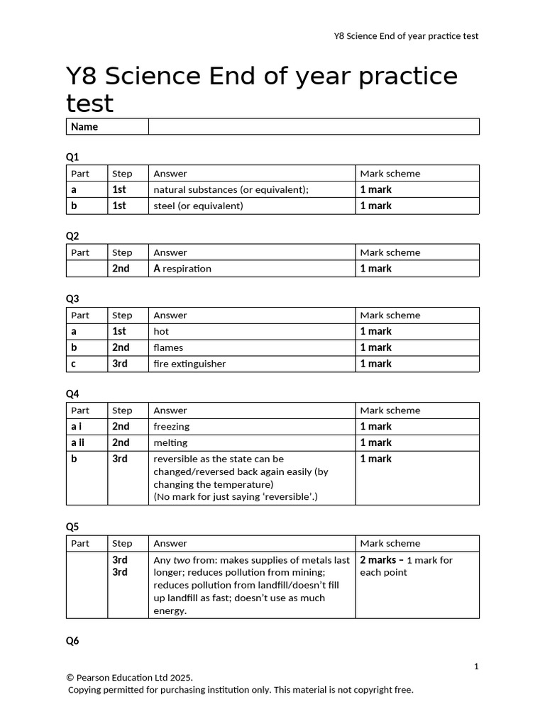 Y8 Science End of Year Practice Test Markscheme | PDF | Oxide | Combustion
