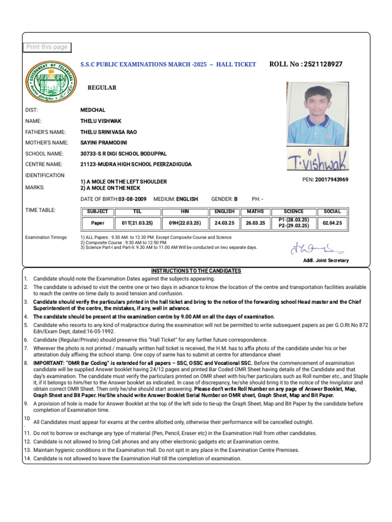 SSC Hall Ticket Instructions 2025 | PDF